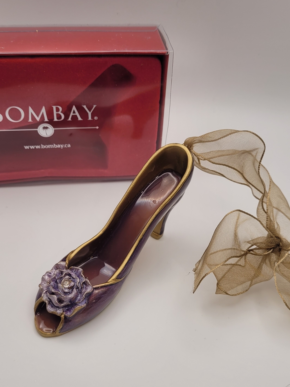Bombay Co. Christmas Ornament High Heel Shoe Purple Gold Ceramic Floral w/ Box